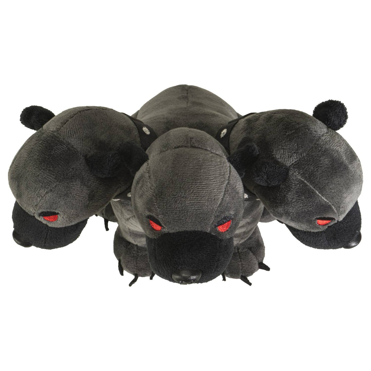 Black three-headed Cerberus plush with red eyes and soft texture.