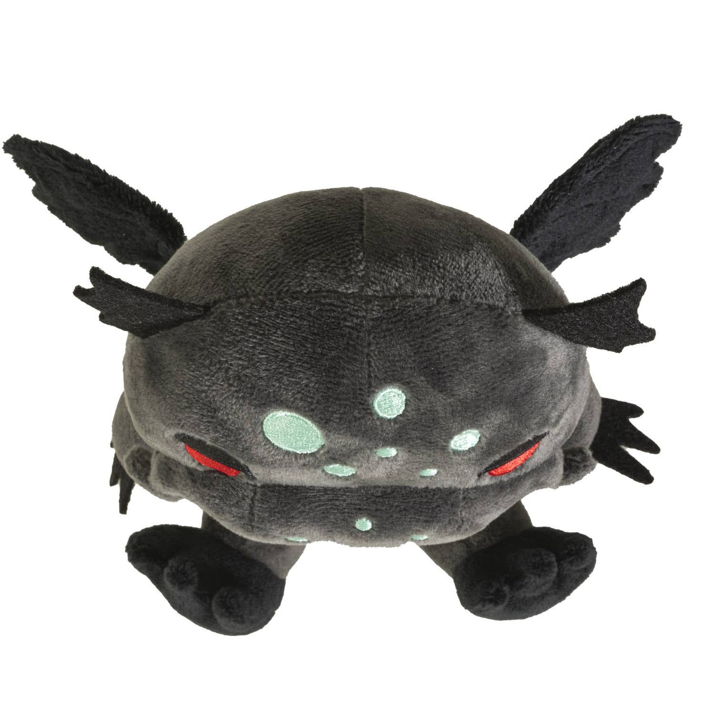 Dark gray plush Cthulhu with glowing turquoise spots, red eyes, and small wings on sides.
