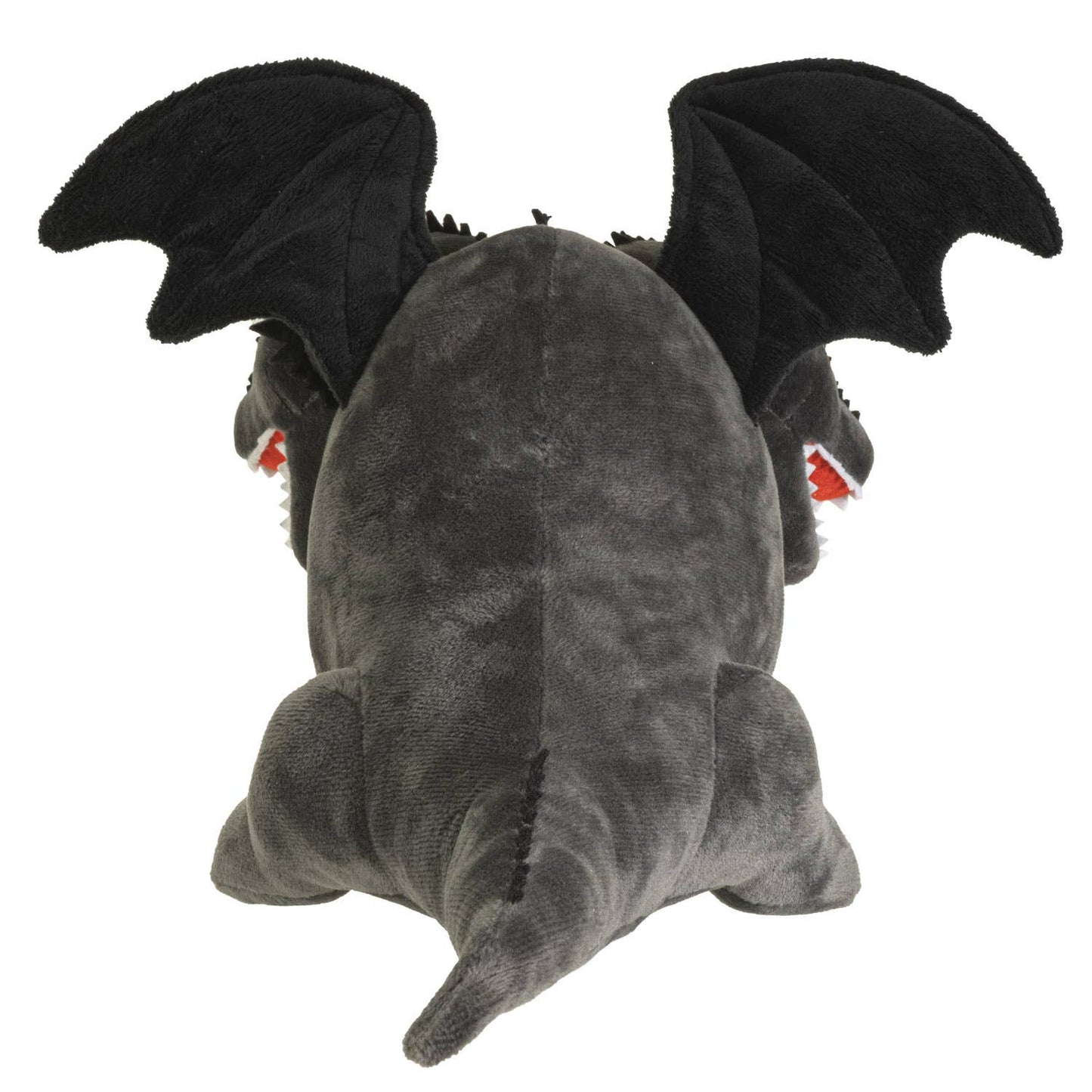 Dark gray double-headed dragon plush with black wings and small tail, viewed from back.