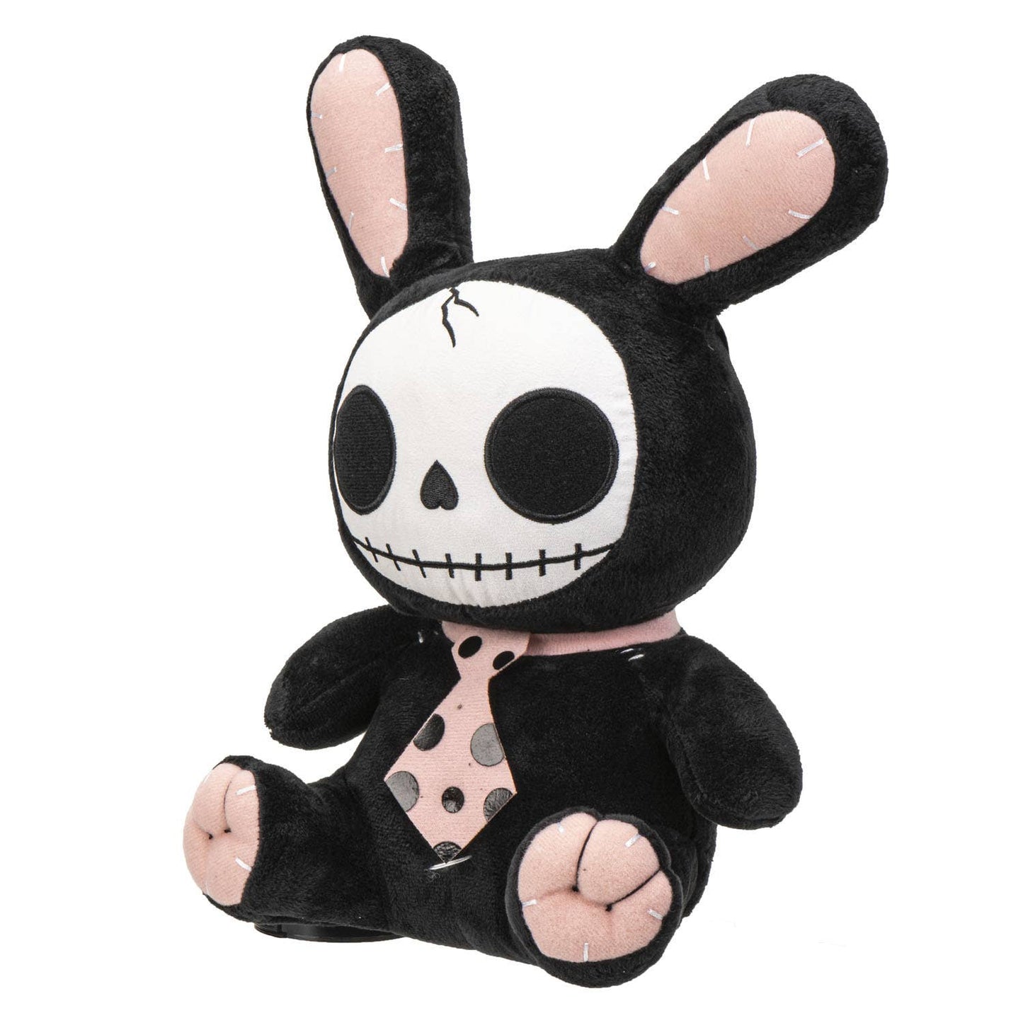 Black plush bunny with skull face, pink polka-dot tie, and pink inner ears and paw pads.
