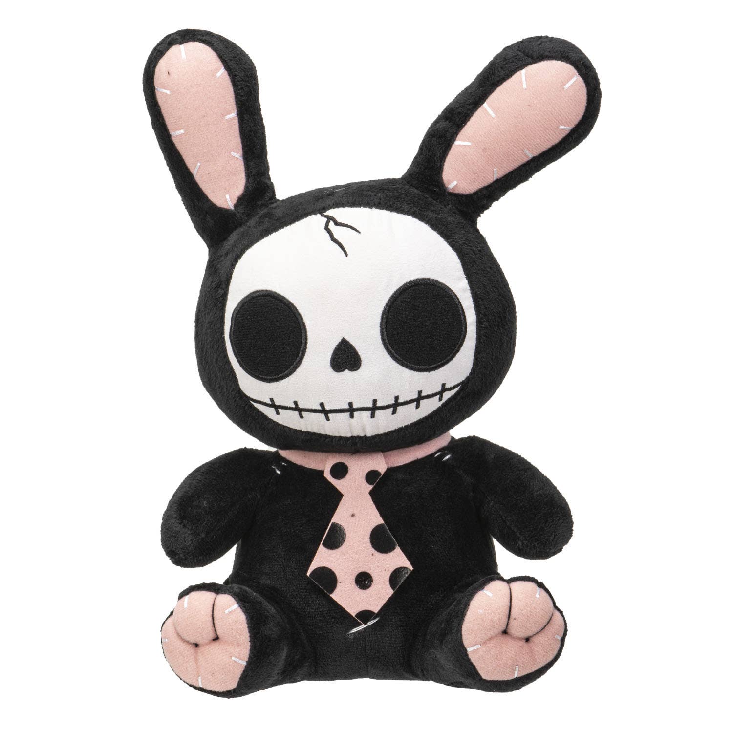 Black plush bunny with skull face, pastel pink inner ears, paw pads, and polka dot tie.