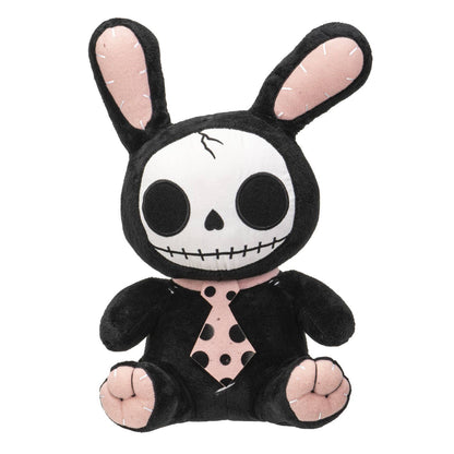 Black plush bunny with skull face, pastel pink inner ears, paw pads, and polka dot tie.