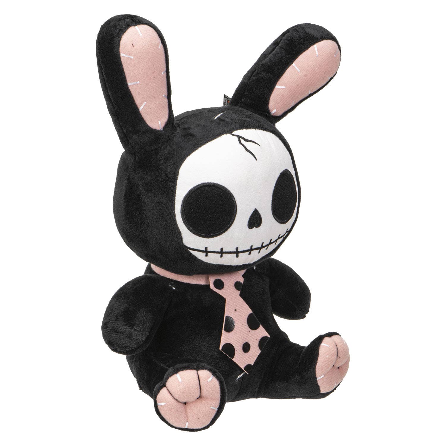 Black plush bunny with skull face, pink inner ears, and pink polka dot tie.