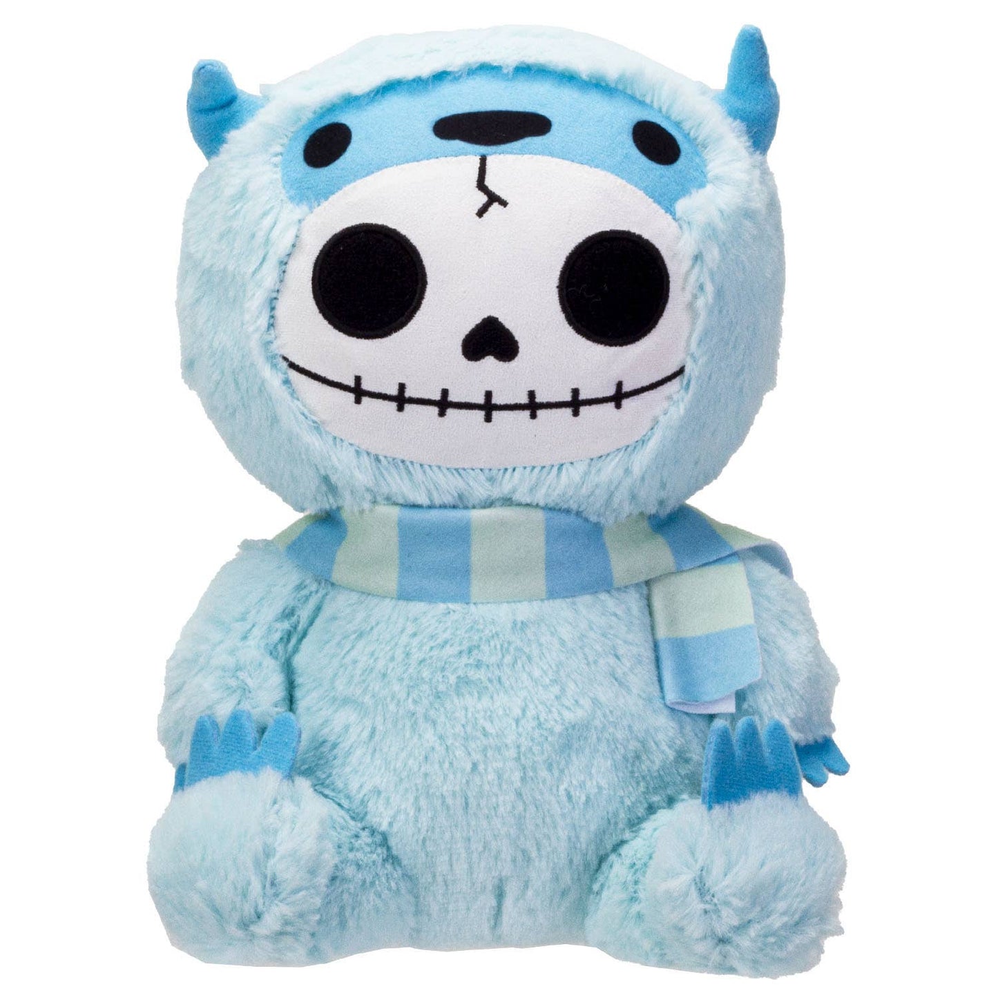 Blue plush yeti with skull face, round black eyes, small horns, and striped scarf.