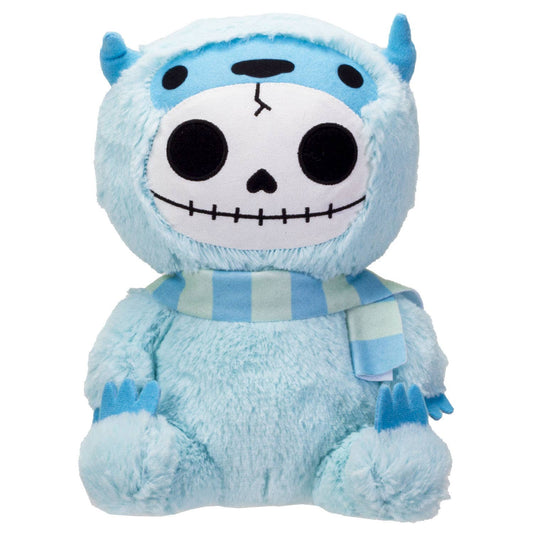 Blue plush yeti with skull face, round black eyes, small horns, and striped scarf.