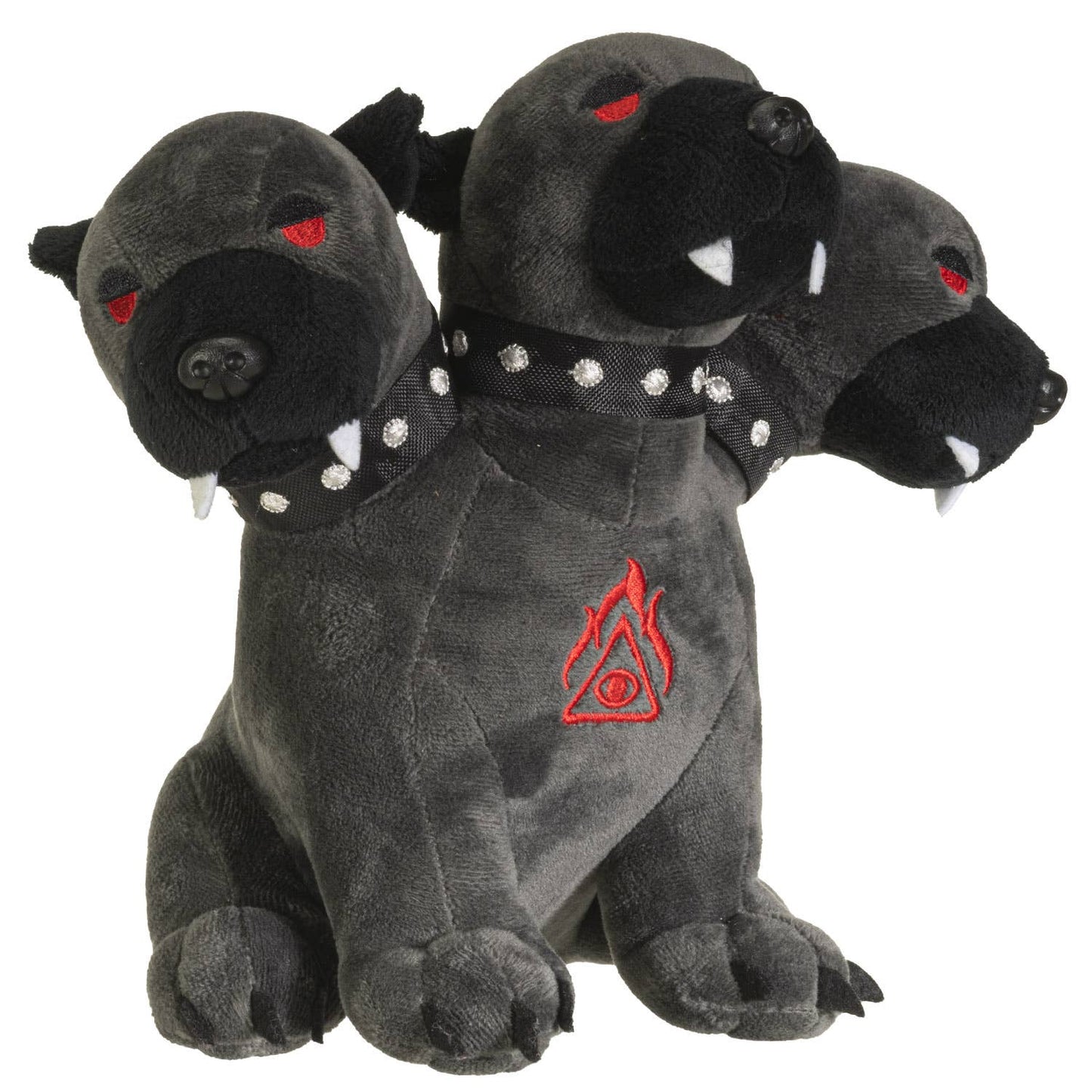 Black three-headed Cerberus plush with red eyes, silver studded collars, and red embroidered symbol on chest.