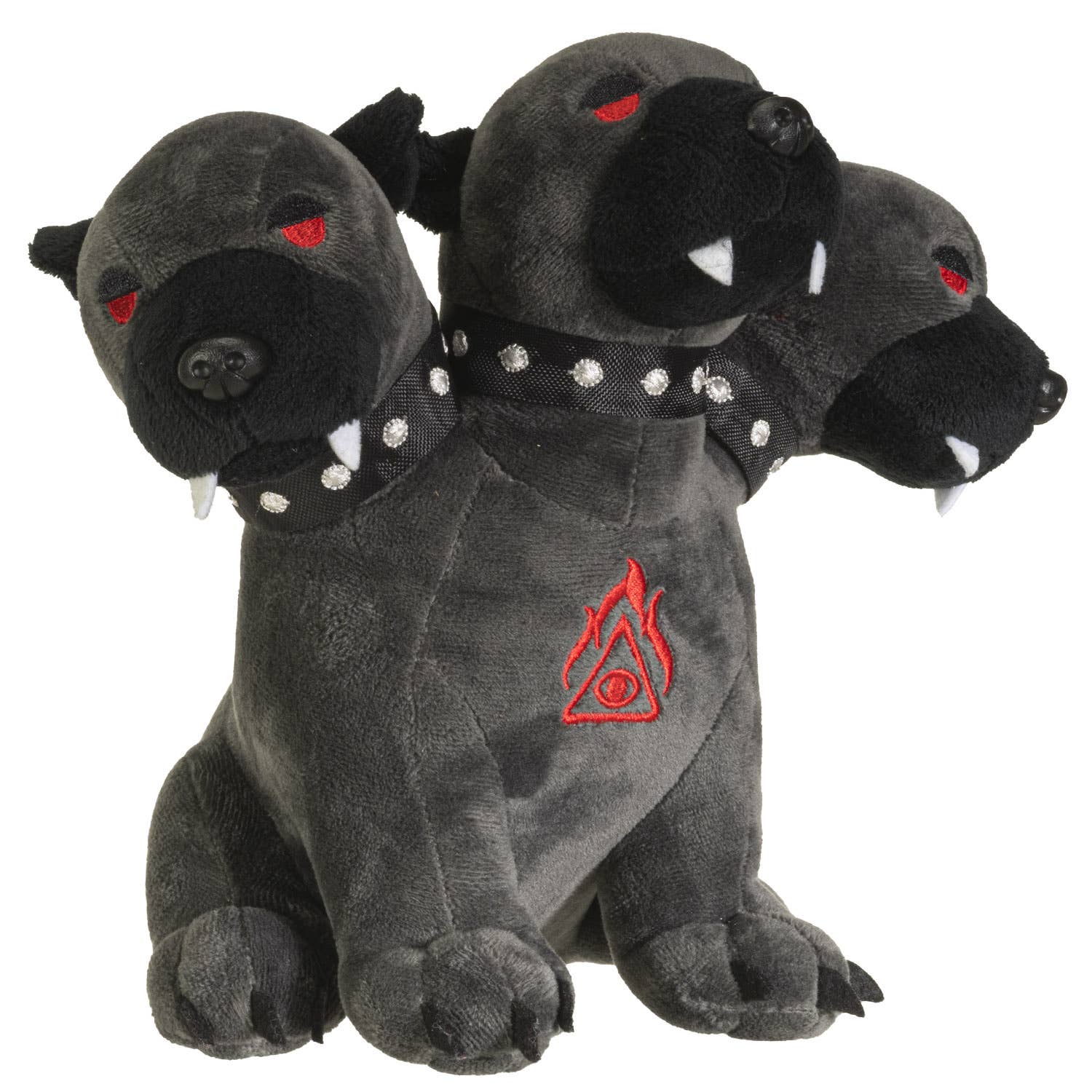 Black three-headed Cerberus plush with red eyes, silver studded collars, and red embroidered symbol on chest.