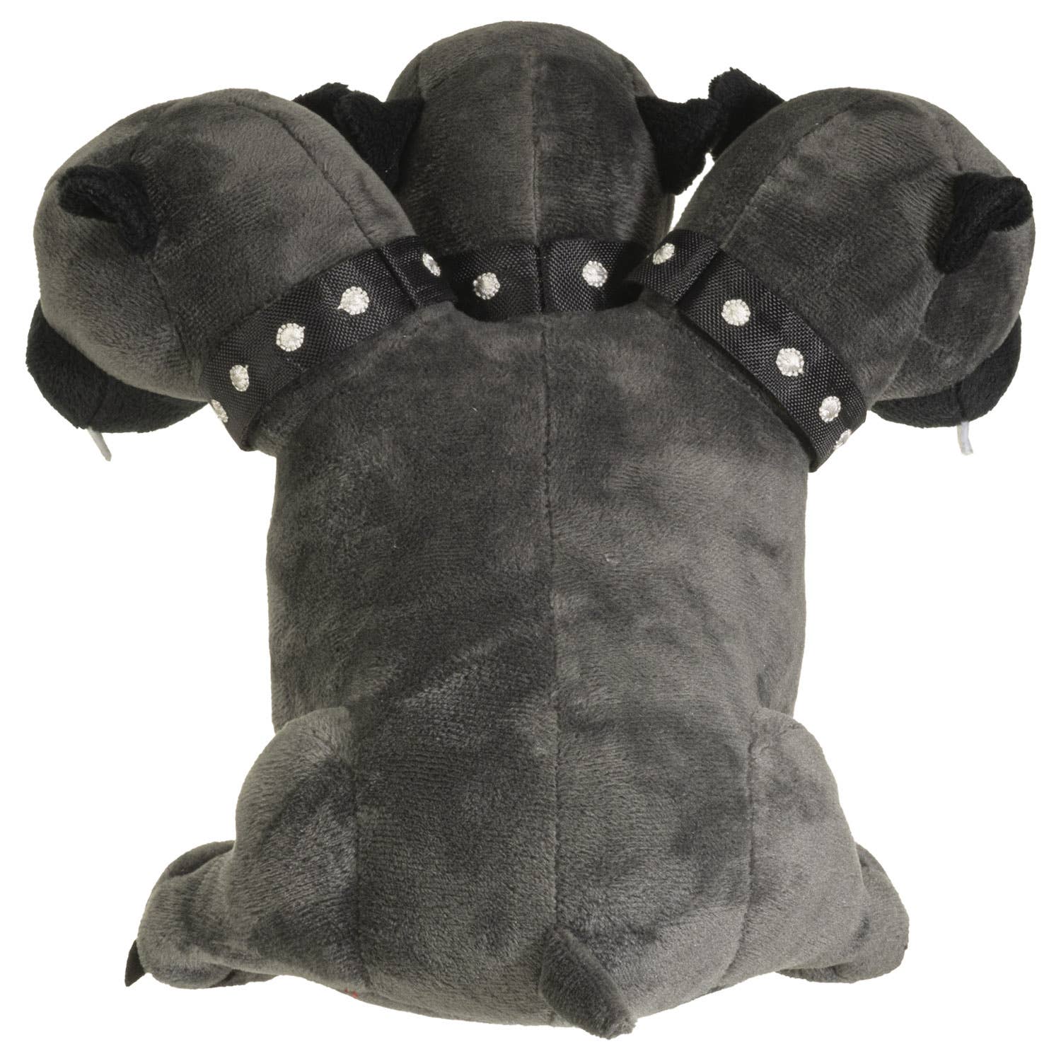 Dark gray plush Cerberus with three heads, each adorned with studded collars, soft fabric texture.