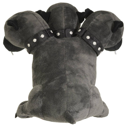 Dark gray plush Cerberus with three heads, each adorned with studded collars, soft fabric texture.