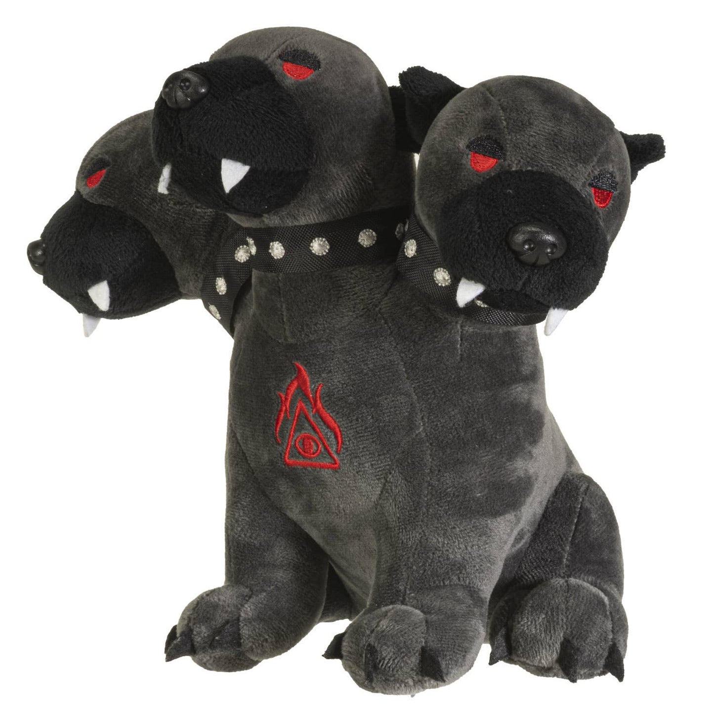 Three-headed black Cerberus plush with red eyes, white teeth, studded collar, and red flame emblem on side.