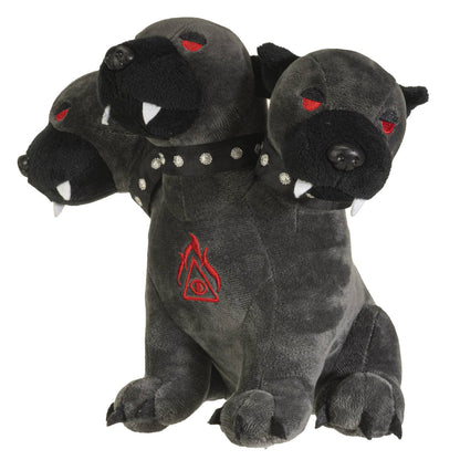Three-headed black Cerberus plush with red eyes, white teeth, studded collar, and red flame emblem on side.