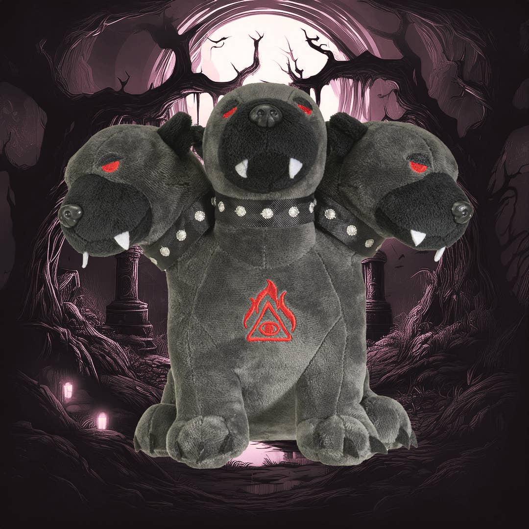 Dark gray three-headed Cerberus plush with red eyes, white fangs, and a red symbol on chest.