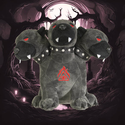 Dark gray three-headed Cerberus plush with red eyes, white fangs, and a red symbol on chest.