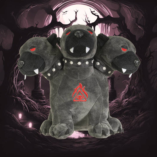 Dark gray three-headed Cerberus plush with red eyes, white fangs, and a red symbol on chest.