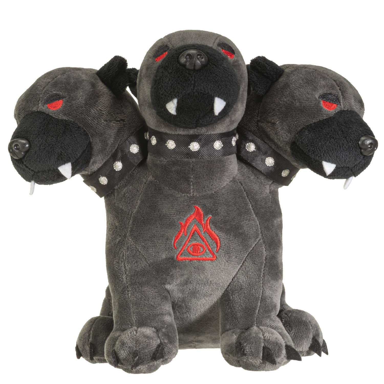 Dark gray three-headed Cerberus plush with red eyes, sharp white fangs, studded collars, and a red flame symbol on the chest.