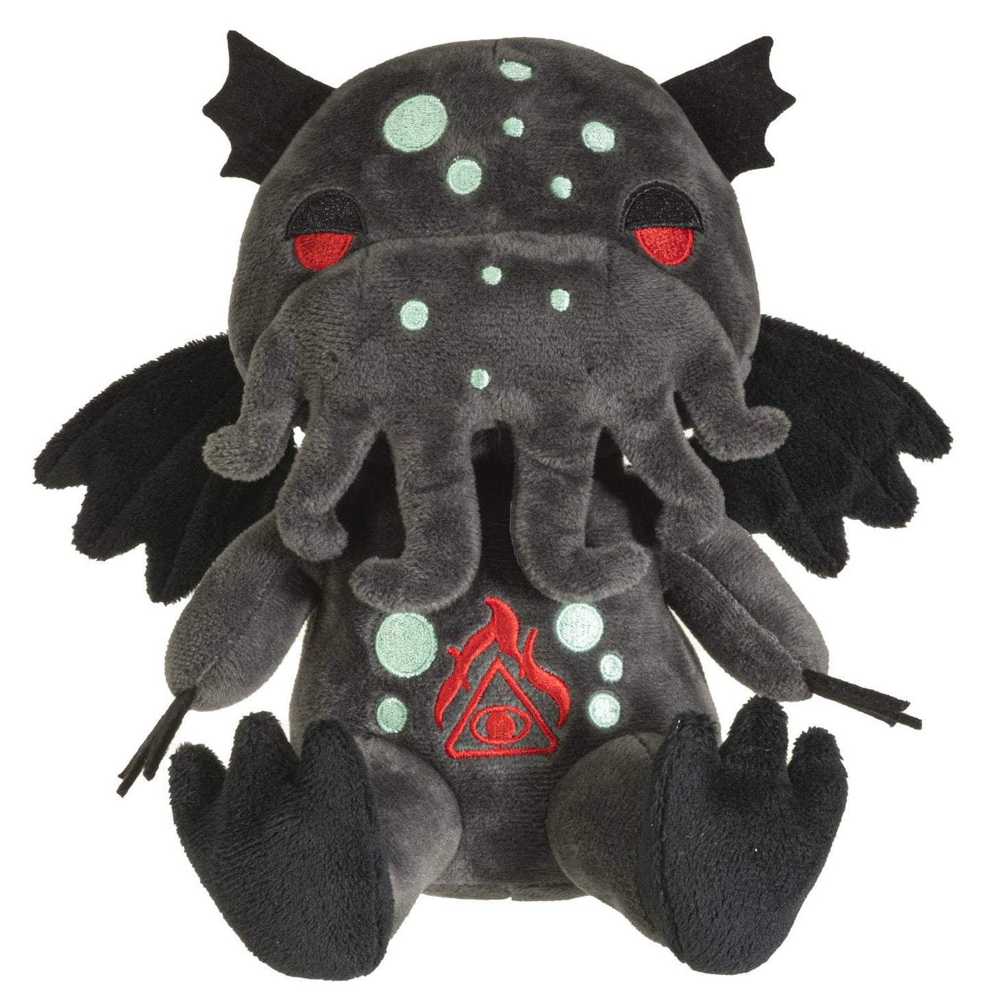 Dark gray plush Cthulhu with red eyes, glowing green spots, wings, and multiple tentacles.