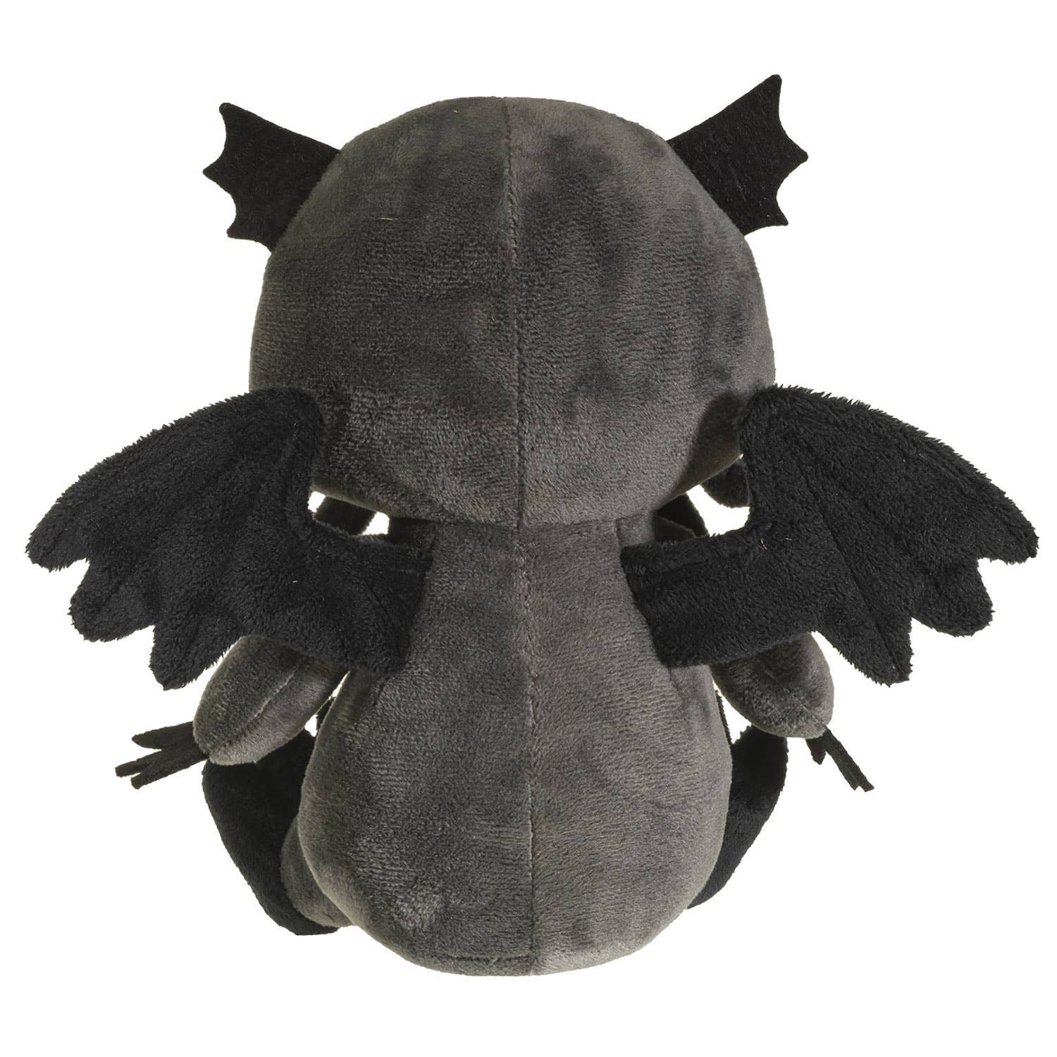 Dark gray plush Cthulhu with black wings and fin-like ears, viewed from behind.