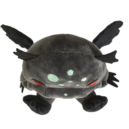 Dark gray plush Cthulhu with glowing turquoise spots, red eyes, and small wings on sides.