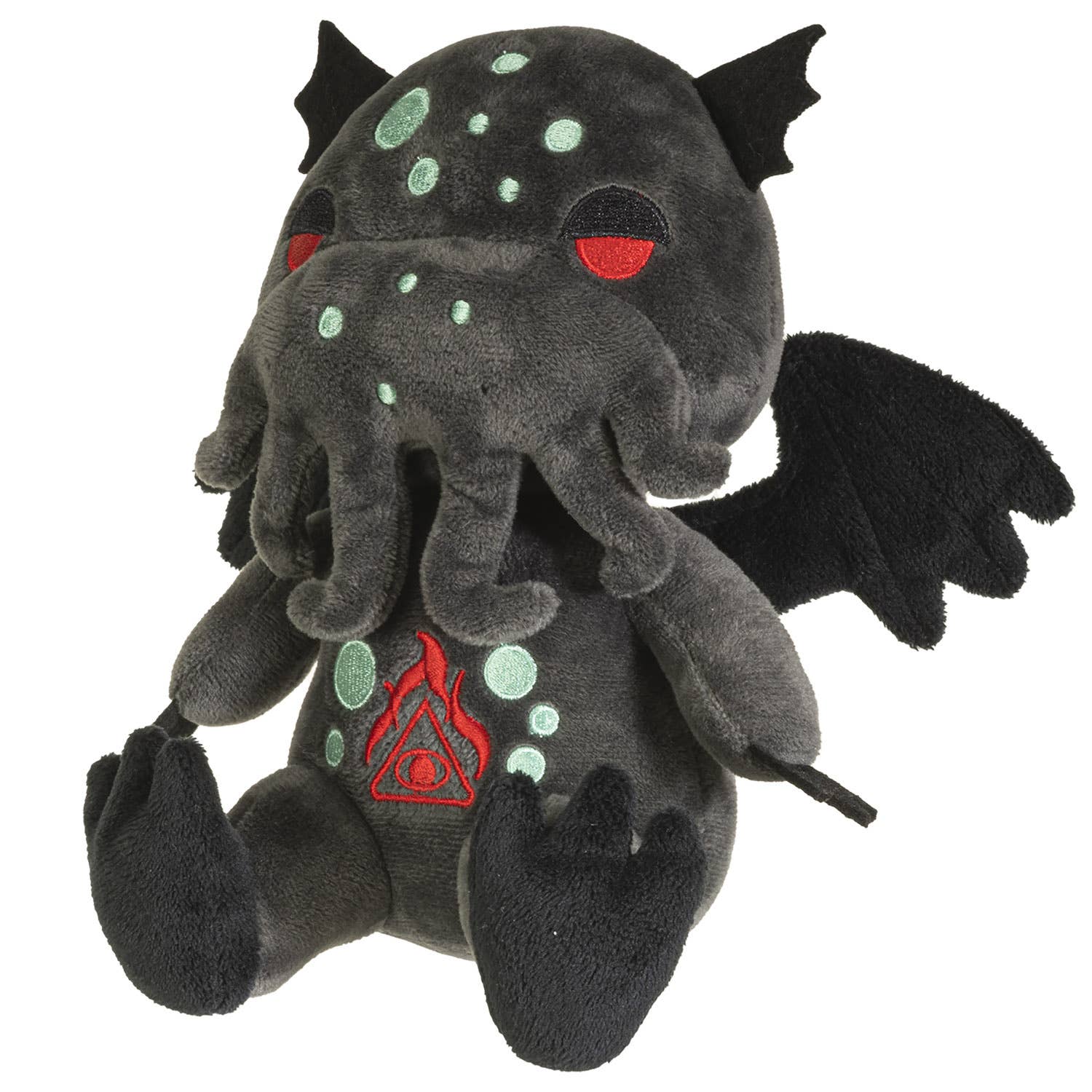 Dark gray plush Cthulhu with red eyes, teal spots, black wings, and tentacle beard.
