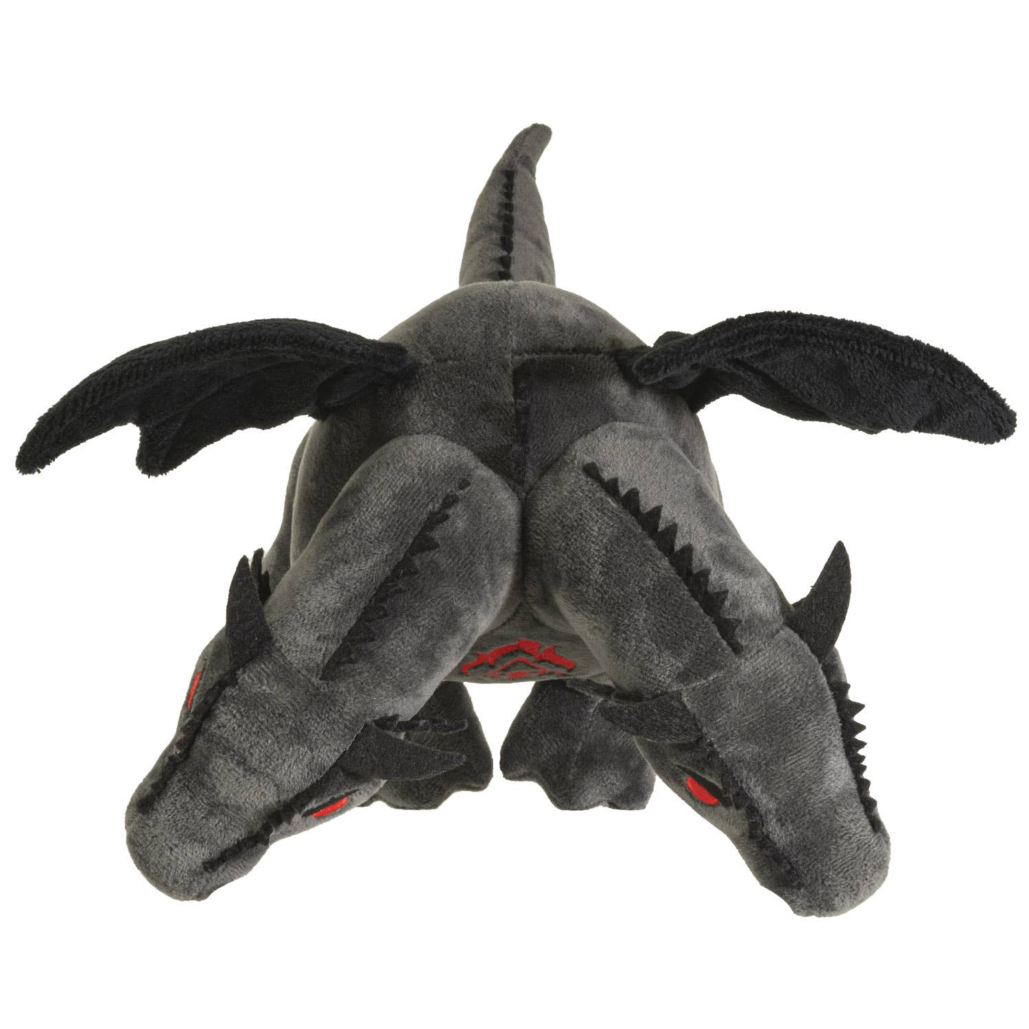 Gray double-headed dragon plush with black wings and red stitched mouth details.