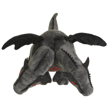 Gray double-headed dragon plush with black wings and red stitched mouth details.