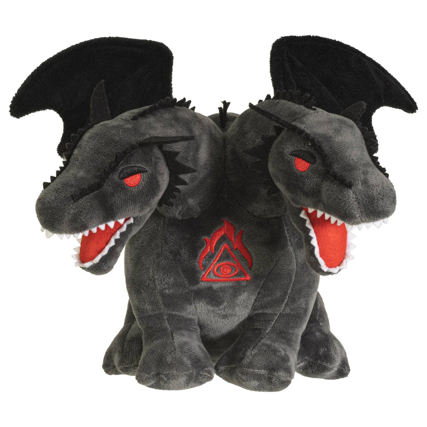 Black double-headed dragon plush with red eyes, wings, and embroidered red symbol on chest.