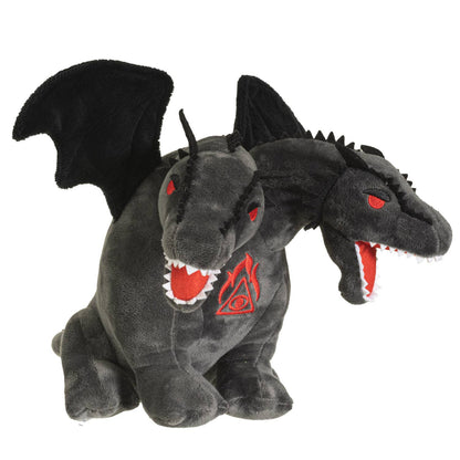 Black double-headed dragon plush with red eyes, open mouths, small black wings, and red emblem on chest.