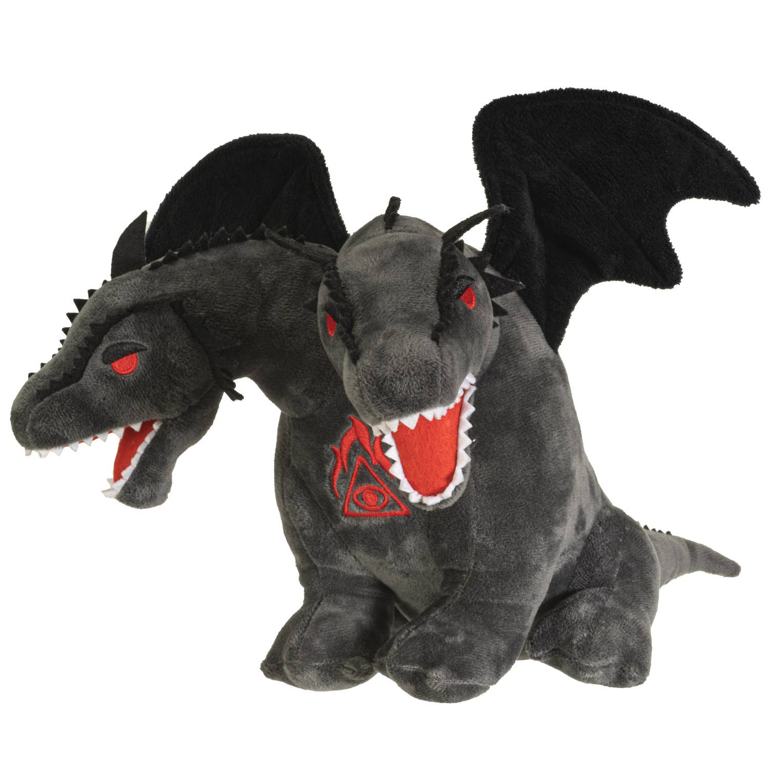 Black double-headed dragon plush with red eyes, open mouths, spiked back, and wings.