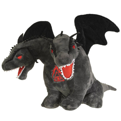 Black double-headed dragon plush with red eyes, open mouths, spiked back, and wings.