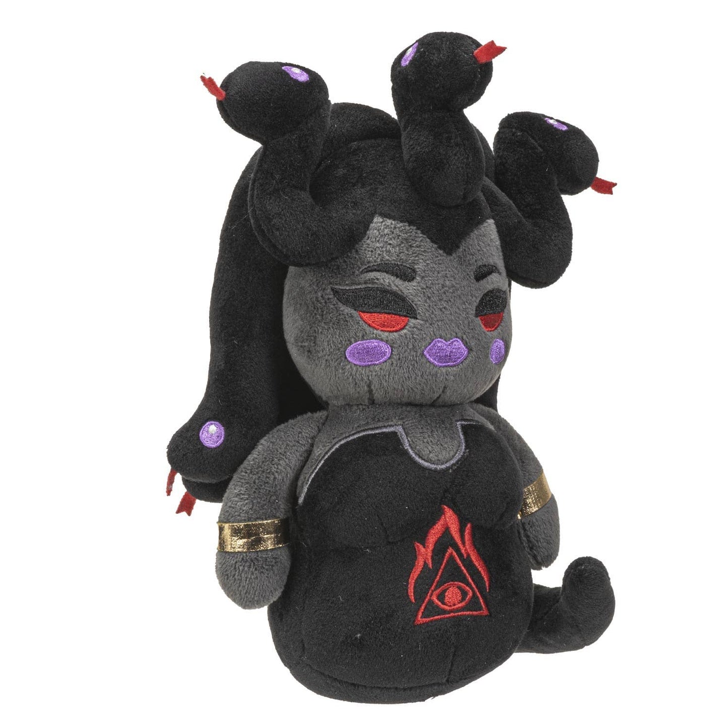 Black and gray Medusa plush with red eye details and snake heads on top.