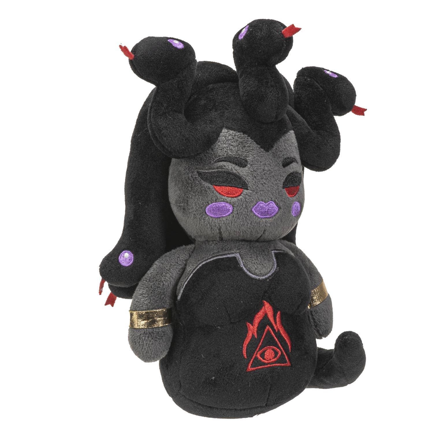 Black and gray Medusa plush with red eye details and snake heads on top.