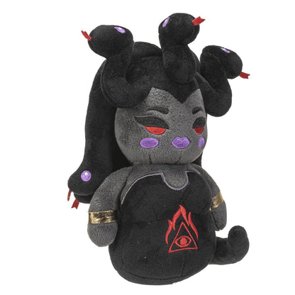 Black and gray Medusa plush with red eye details and snake heads on top.