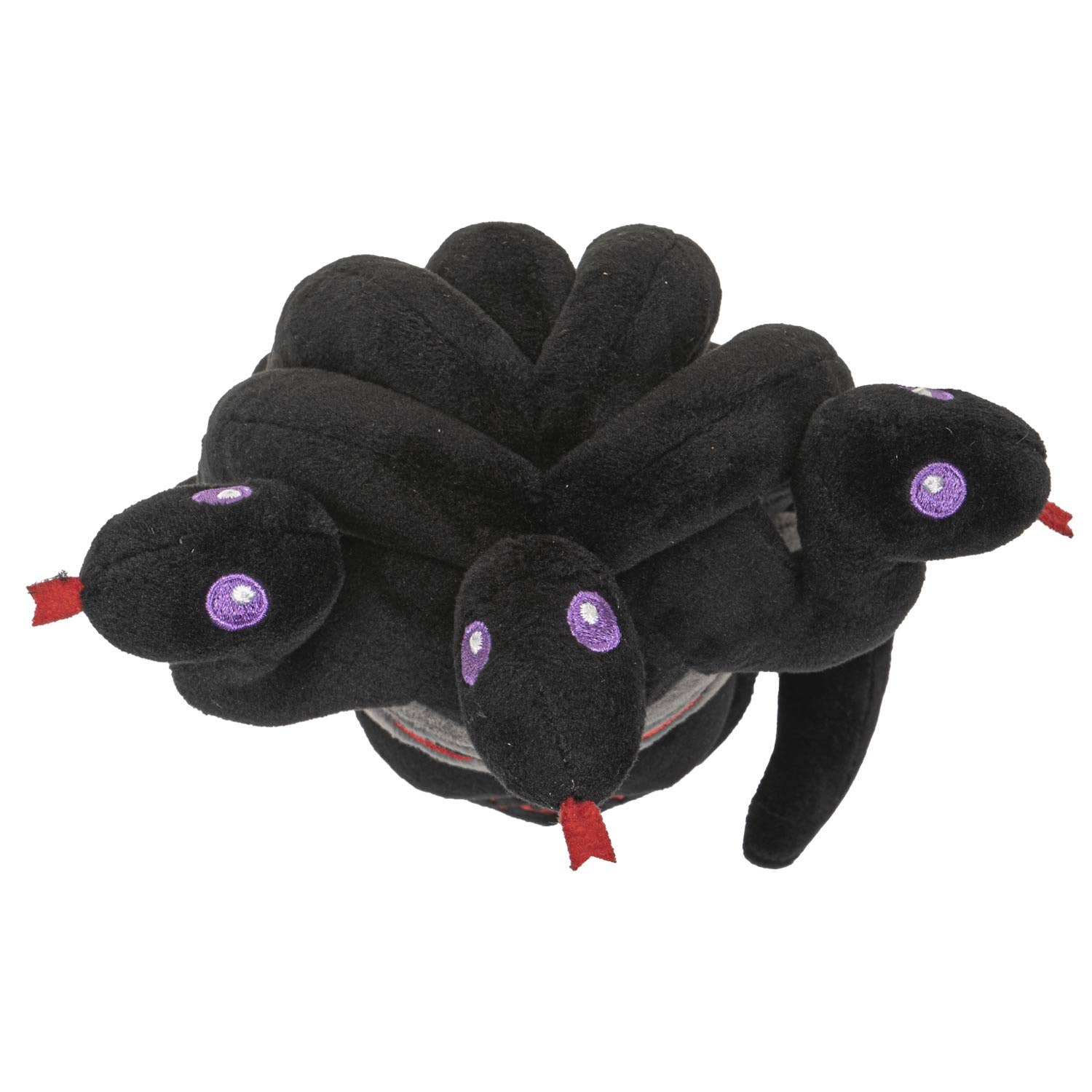 Black plush Medusa with three snake heads featuring purple eyes and red forked tongues.