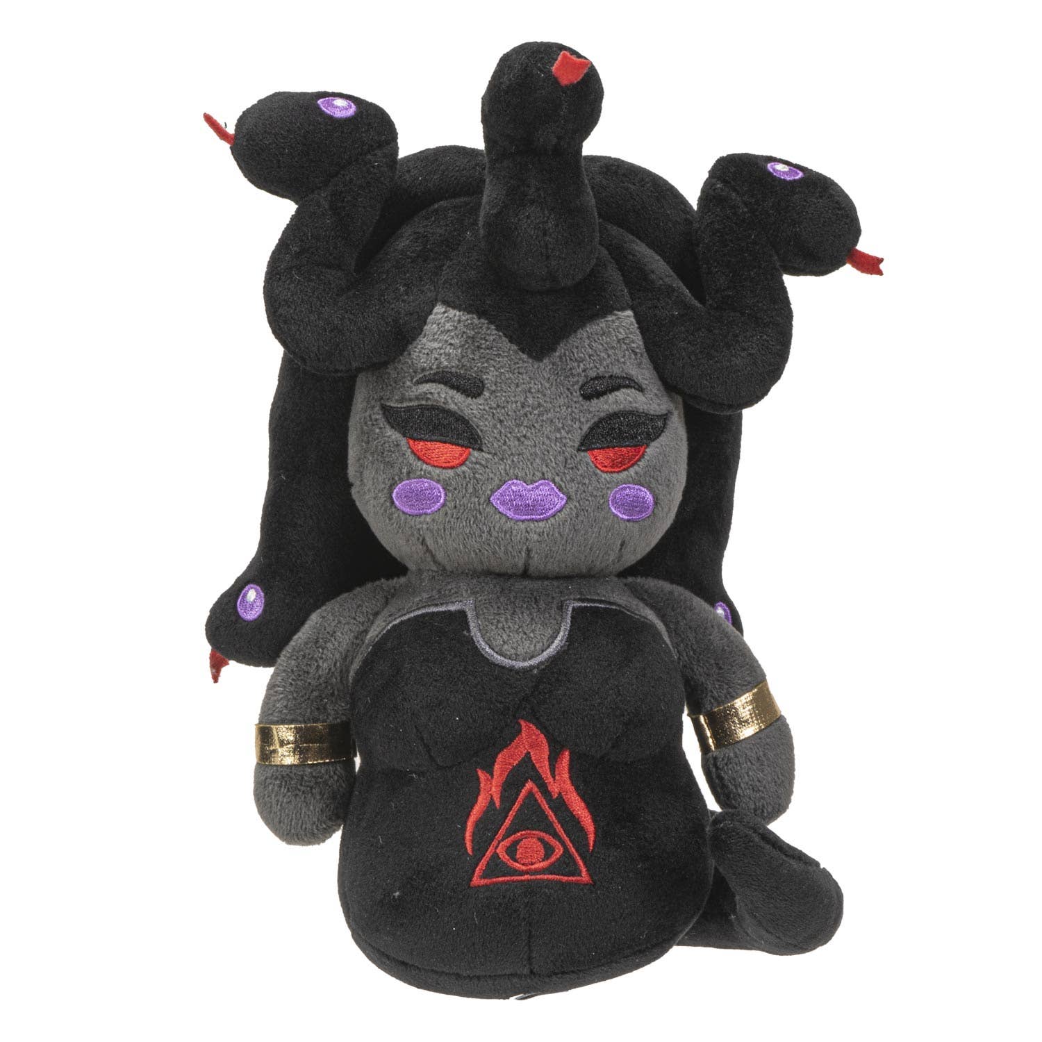 Dark gray Medusa plush with six snake heads, red and purple eyes, gold arm bands, and red flame emblem on black shirt.
