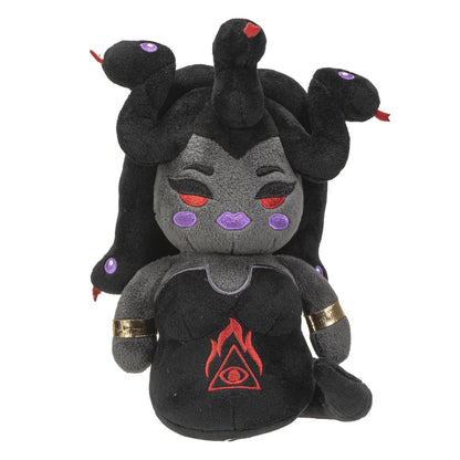 Dark gray Medusa plush with six snake heads, red and purple eyes, gold arm bands, and red flame emblem on black shirt.