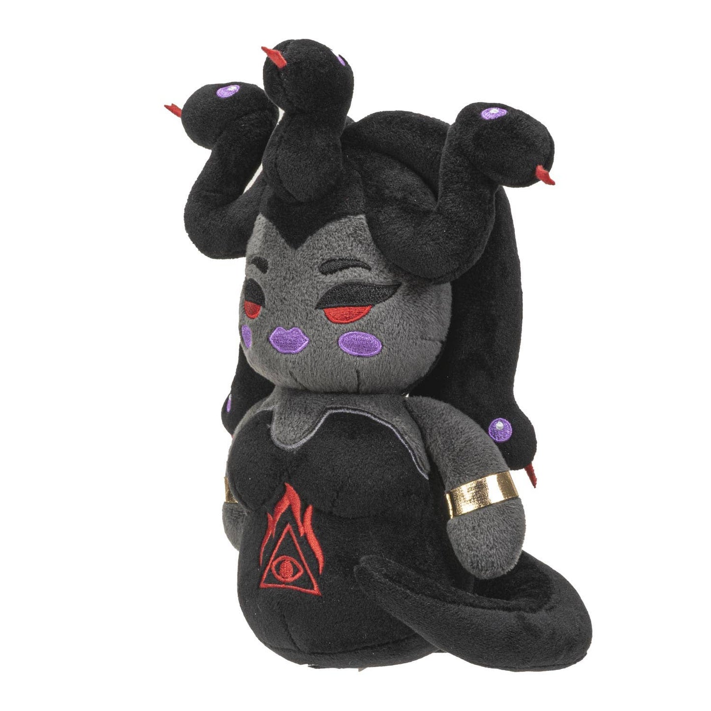 Black and gray Medusa plush with three snake heads, purple markings, and red emblem on chest.