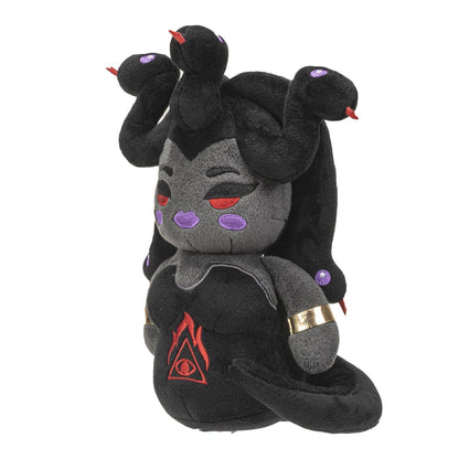 Black and gray Medusa plush with three snake heads, purple markings, and red emblem on chest.