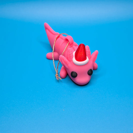 Jinglelotl the Christmas Axolotl | Articulated 3D Printed Ornament with Festive Hat - Impishly Yours
