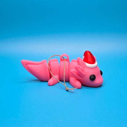 Jinglelotl the Christmas Axolotl | Articulated 3D Printed Ornament with Festive Hat - Impishly Yours